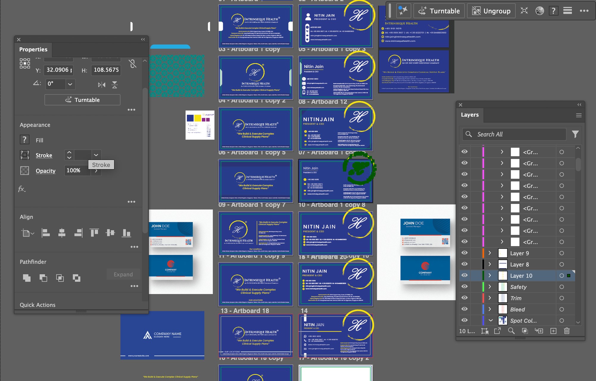 Business card design iterations across multiple artboards in Illustrator